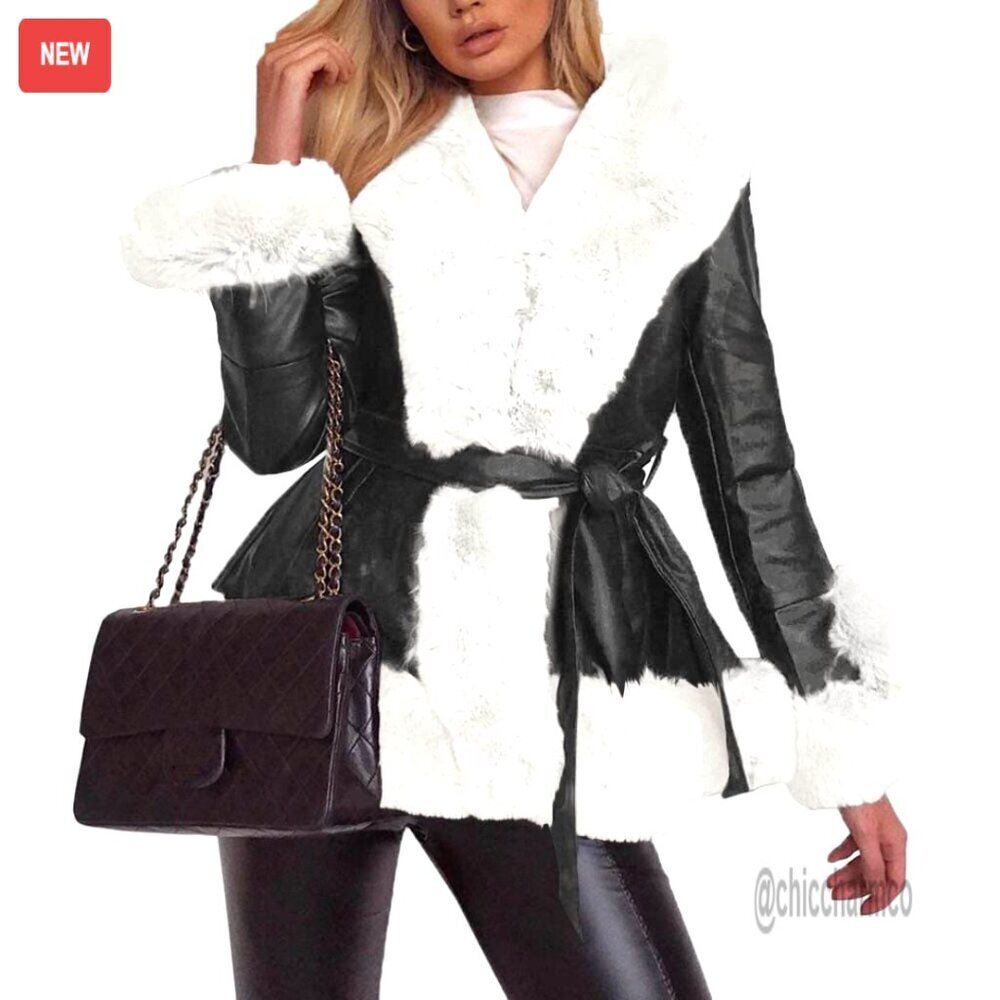 Faux Leather Jacket with Fur Collar, Belted, Slim Fit Winter Coat